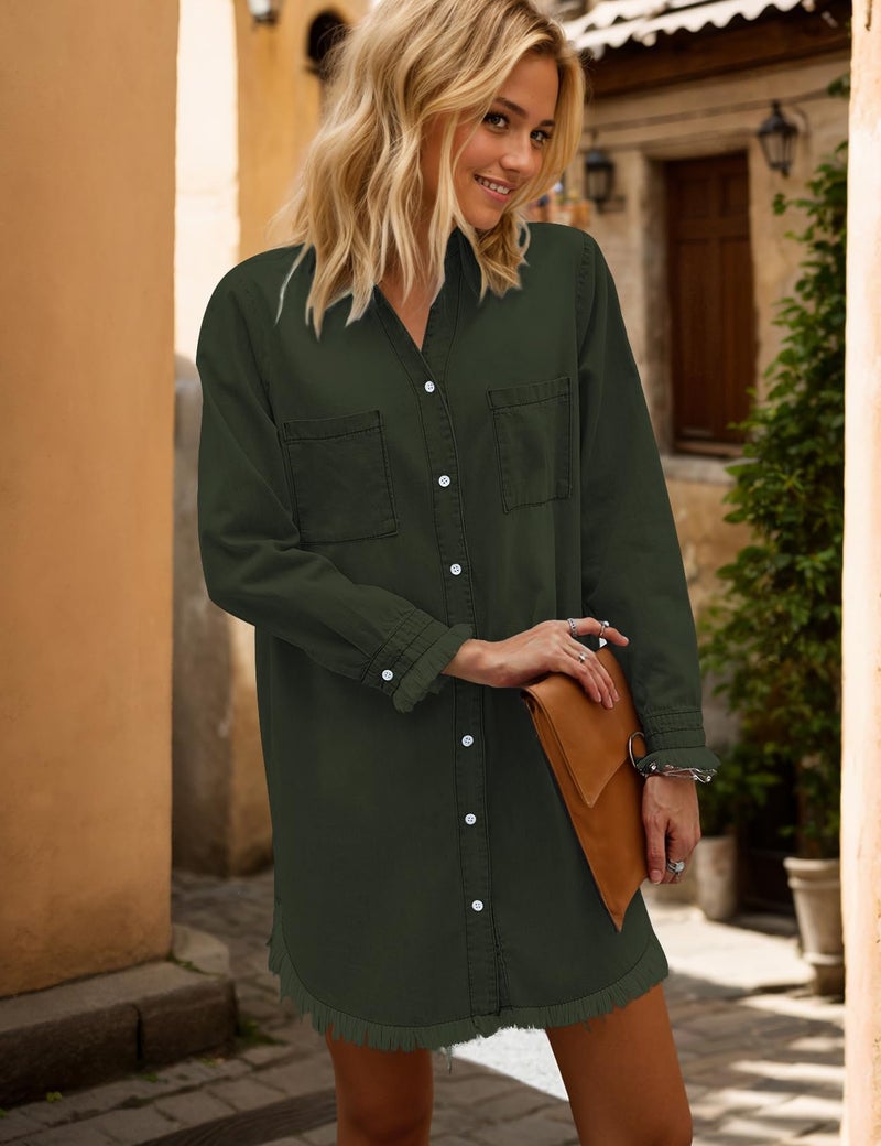 Zilcremo Women Denim Shirt Dresses Long Sleeve Distressed Jean Dress Button Down Casual Tunic Top ArmyGreen XXL - Image 4